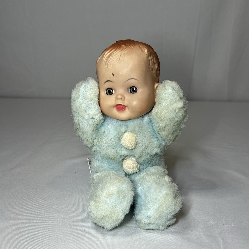 8" VINTAGE CUDDLE TOYS BY DOUGLAS BABY BOY DOLL W/ BLUE PAJAMAS ANTIQUE TOY